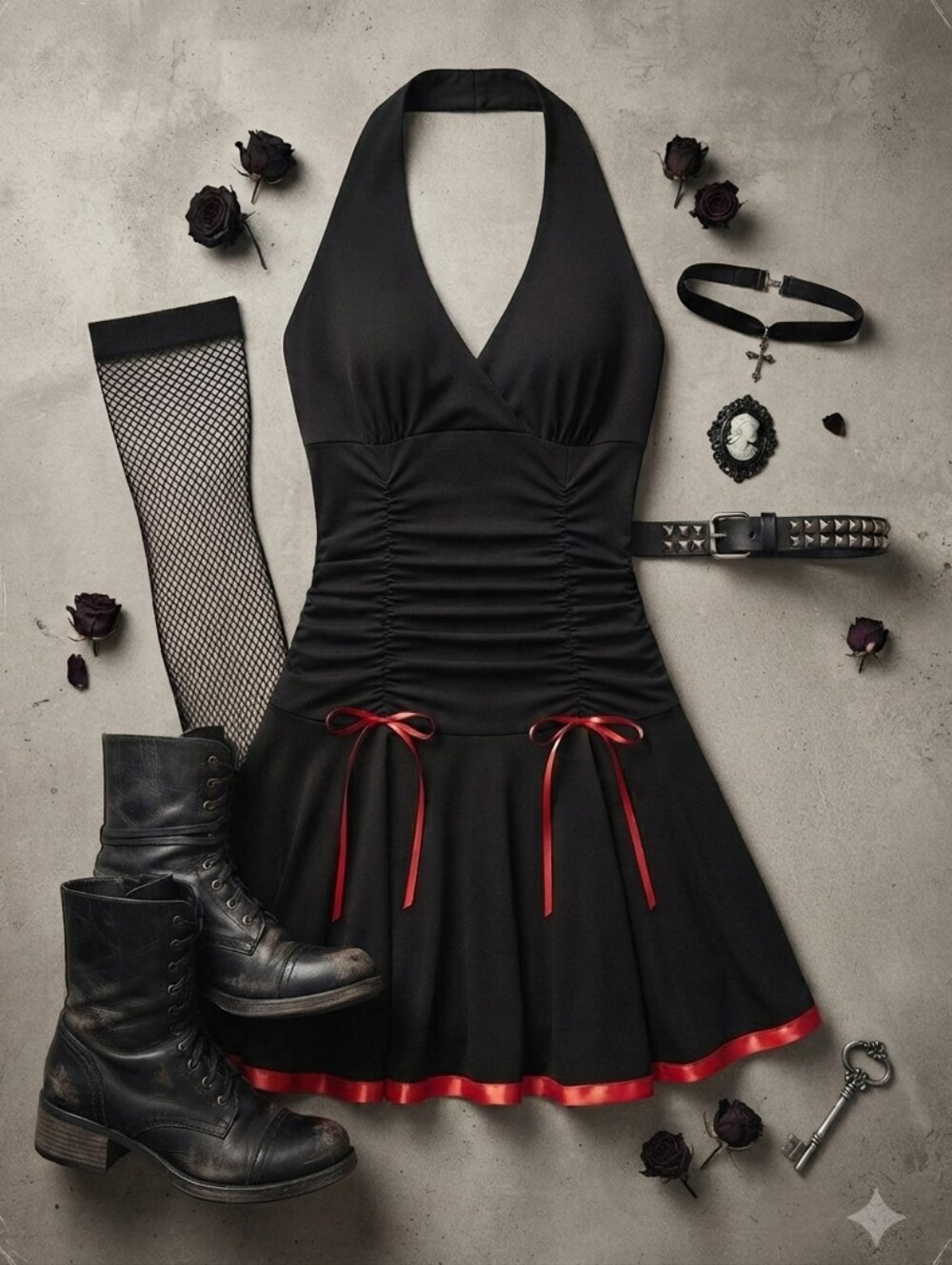 Y2K Taboo Black Halter Dress with Red Trim and Bows